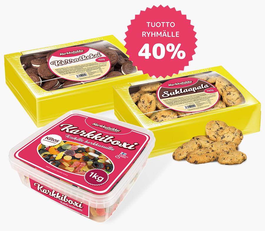 varainhankinta tuotteet keltaisissa ja punaisissa rasioissa harmaalla taustalla