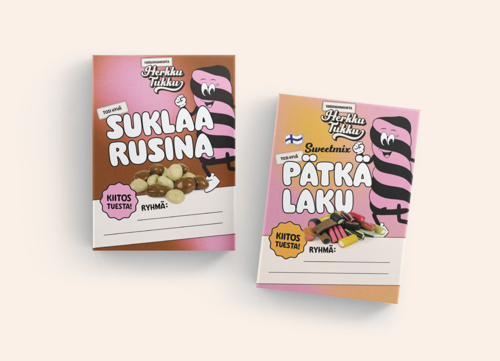 Varainhankinta tuotteiden esittelyssä kaksi makeisrasiaa vaalealla taustalla.